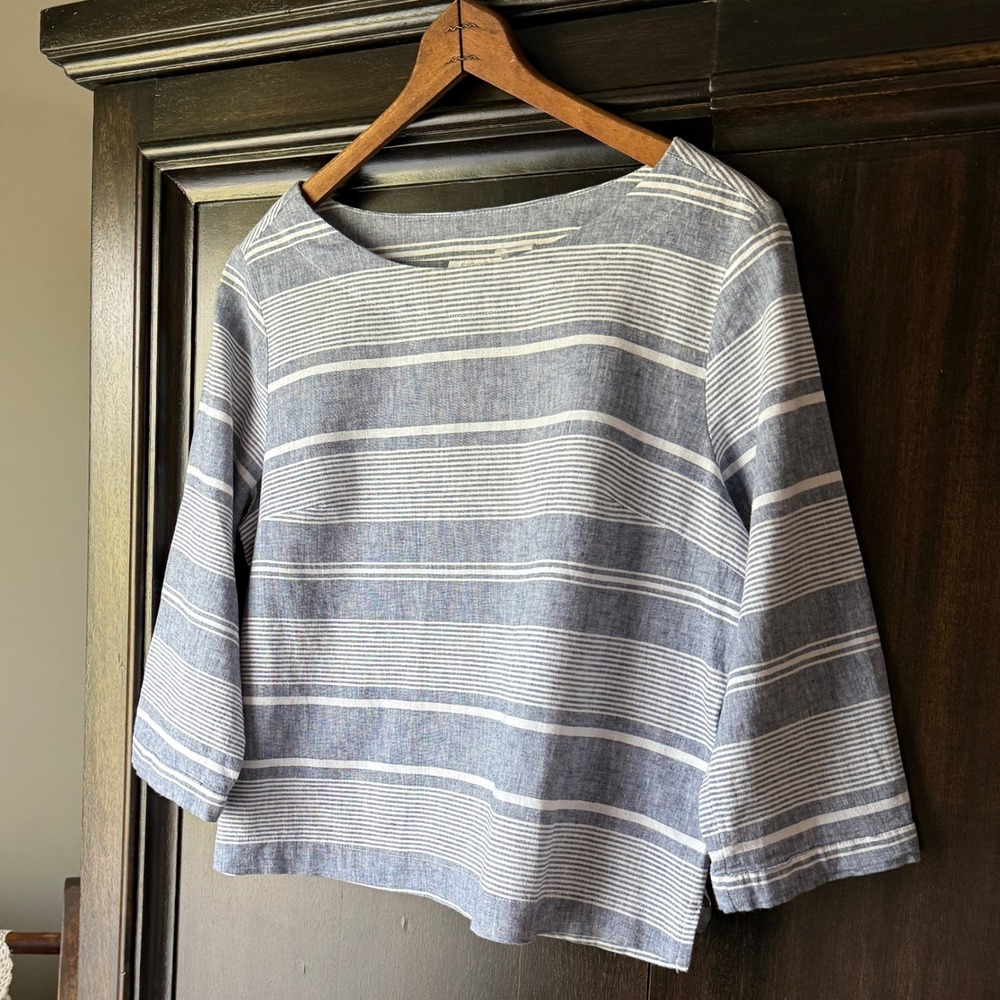 Sigrid Olsen Blue Striped Linen Top Boat Neck 3/4 Sleeve Coastal Boho Small